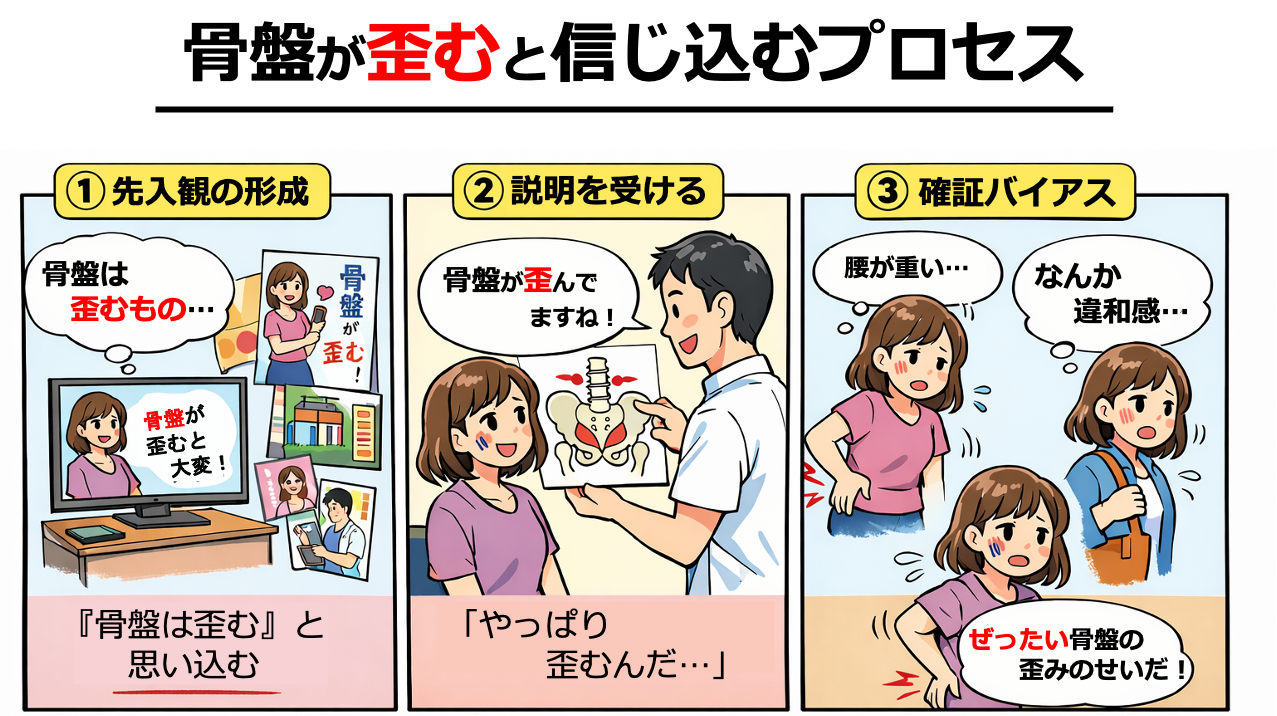 骨盤が歪むと信じ込む(確証バイアスが形成される)プロセス