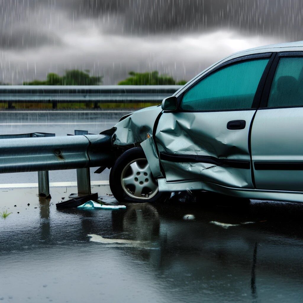 雨の中、ガードレールにぶつかって自損事故を起こした車