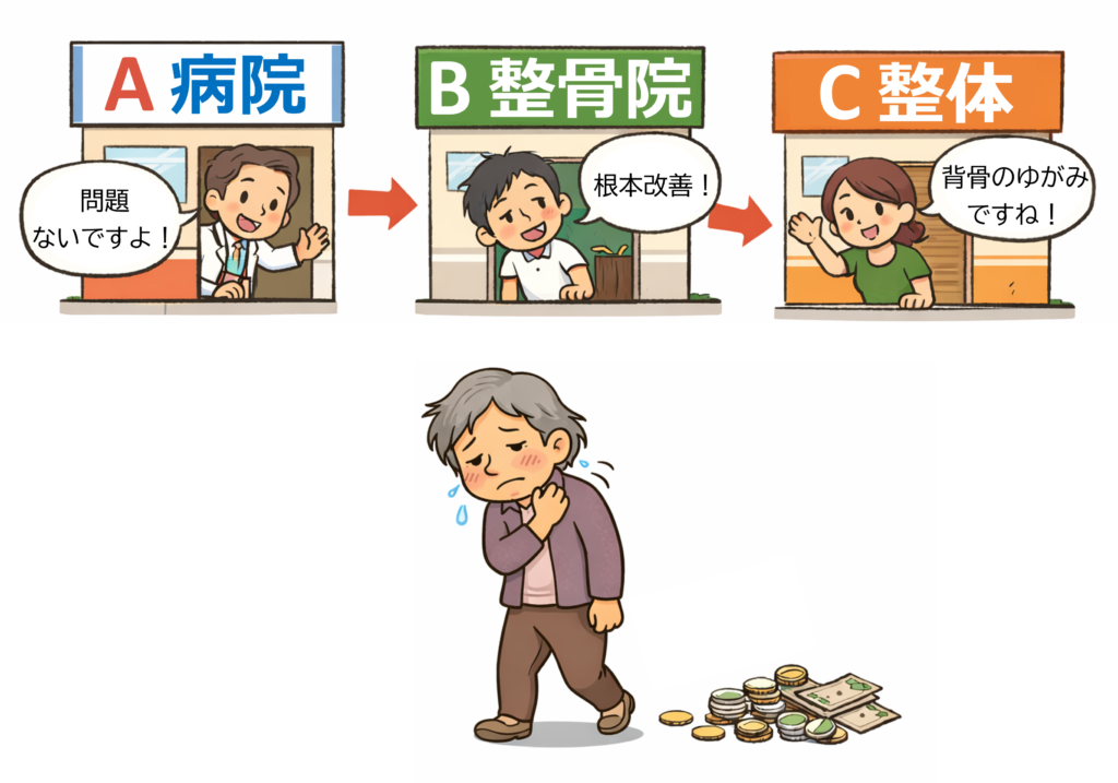 病院・整骨院・整体を短期間で渡り歩く「はしご受診」のイメージ