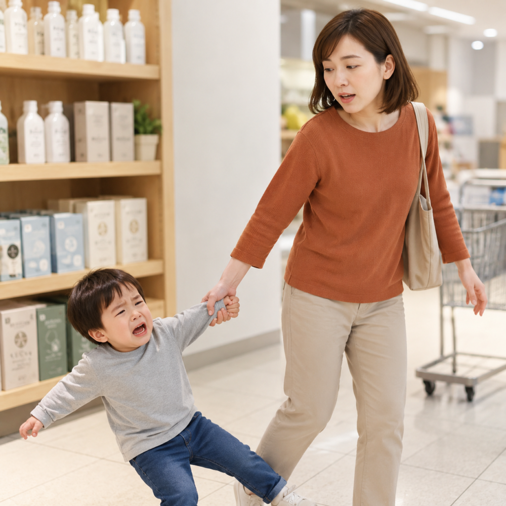スーパーで母親に腕を引っ張られる子供
