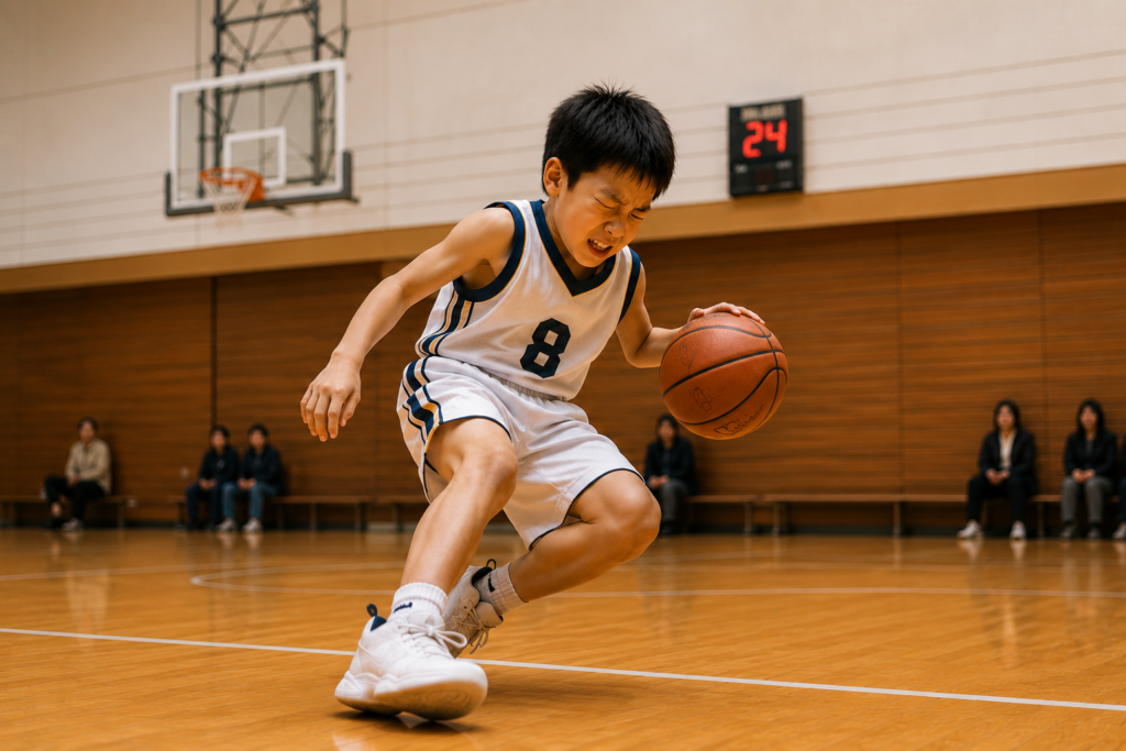 バスケットボール中に足首を痛がる子供