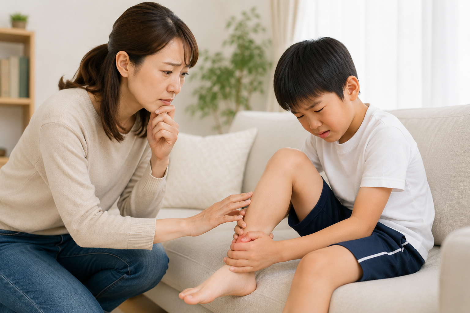 足首を痛がる子供を心配するお母さん