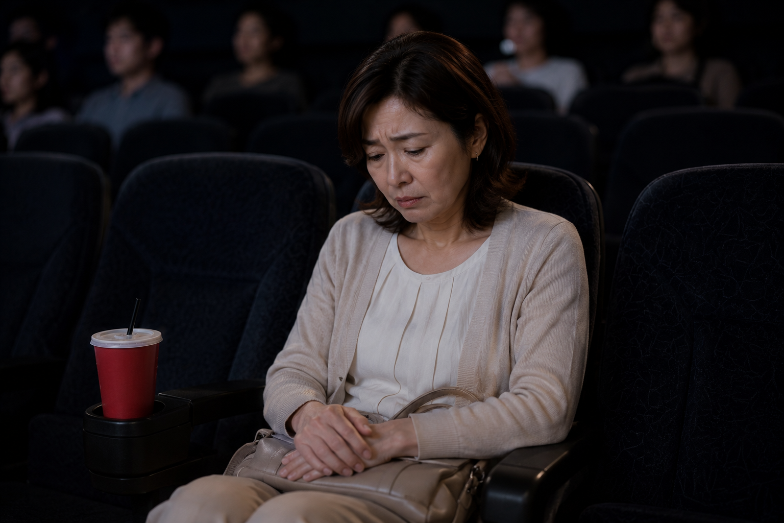 映画館で尿を我慢する中年女性