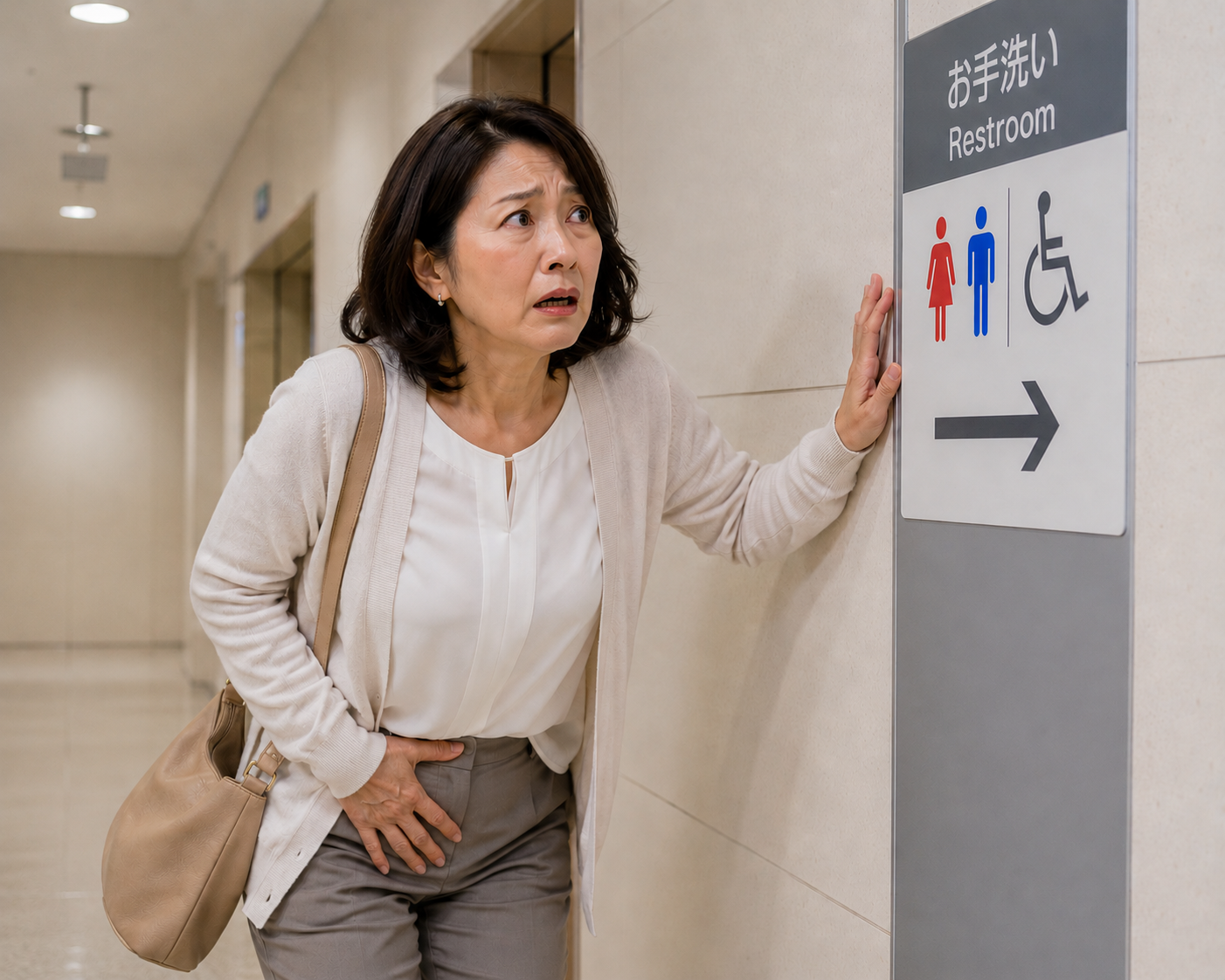 急な尿意で、トイレを探している女性