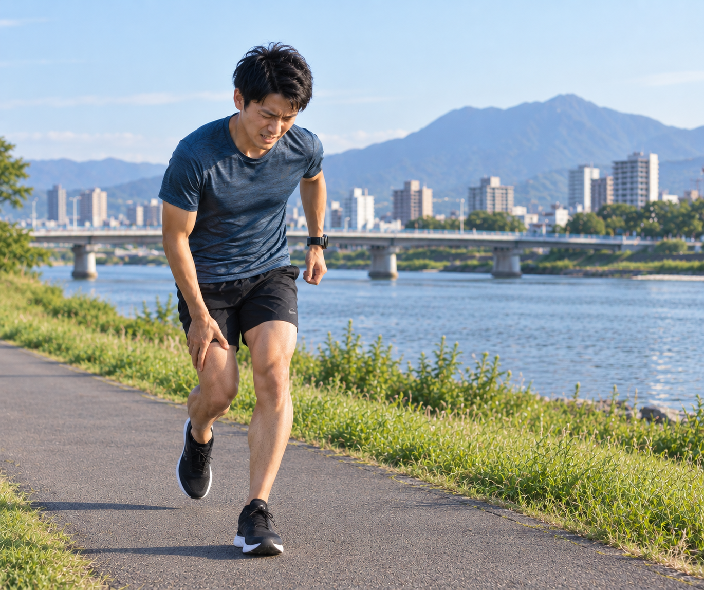 腸脛靱帯の痛みを我慢して大分川の河川敷を走る男性ランナー