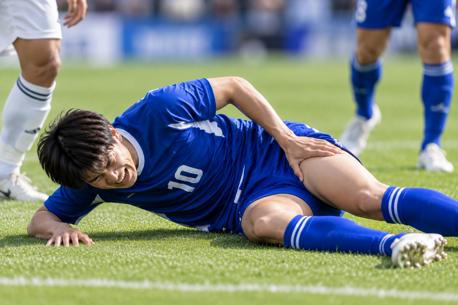 太ももを痛めてピッチに倒れるサッカー選手