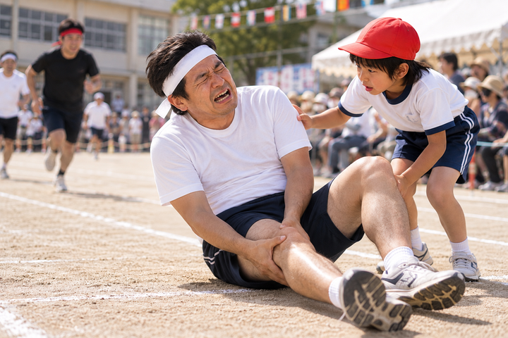 運動会で肉離れするお父さんと、心配する子供
