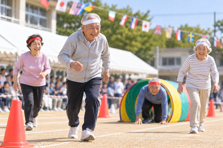 運動会(障害物競走)を楽しむ高齢者